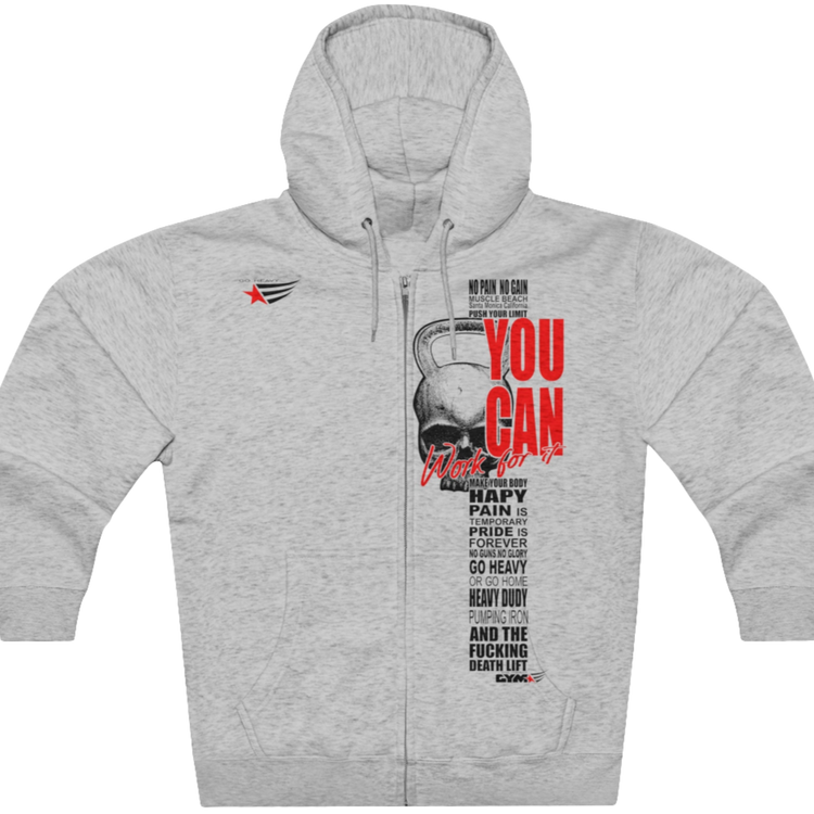 Grey, sporty, fitness Gymstar sweatshirt with a hood, branded with the brand logo. The sweatshirt has a zipper and pockets and is decorated with a motivating design You Can work for it! Front vew.