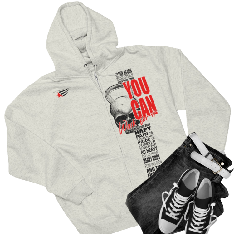 Gymstar silver grey sweatshirt with a hood, branded with the Gymstar logo. The sweatshirt has a zipper and pockets and is decorated with a motivating design You Can, Work for it! Front vew.