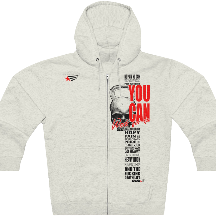 A Silver Grey, sporty, fitness Gymstar sweatshirt with a hood, branded with the brand logo. The sweatshirt has a zipper and pockets and is decorated with a motivating design You Can work for it! Front vew.