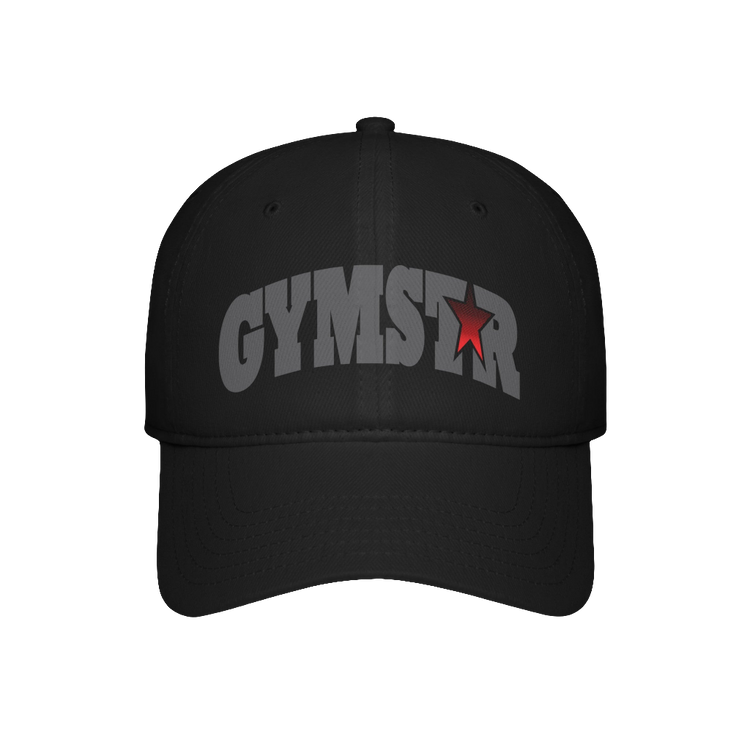 A black Gymstar Fitness baseball cap with a structured design and a brand inscription on the front.