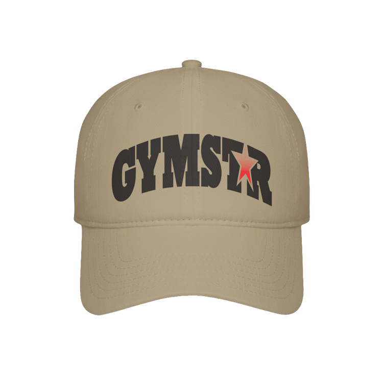 A beige Gymstar Fitness baseball cap with a structured design and a brand inscription on the front.