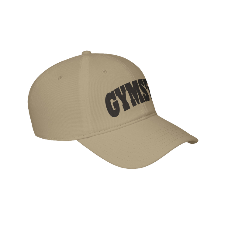 A beige Gymstar Fitness baseball cap with a structured design and a brand inscription on the left.