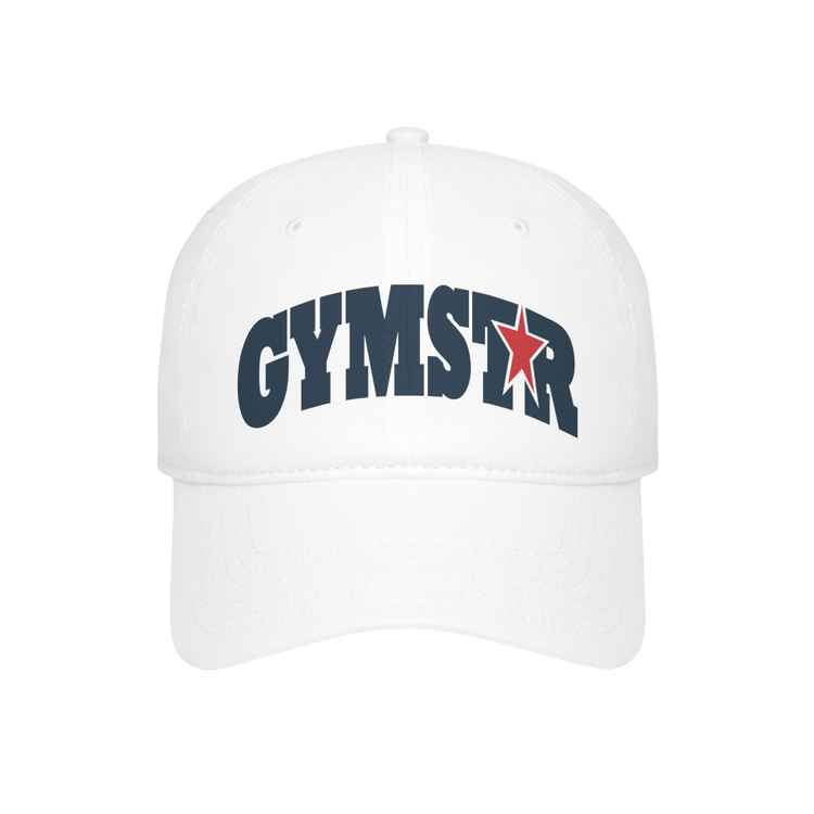 A white Gymstar Fitness baseball cap with a structured design and a brand inscription on the front.