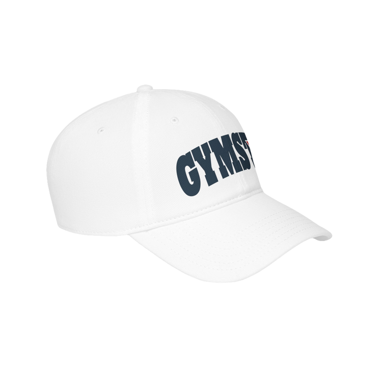 A white Gymstar Fitness baseball cap with a structured design and a brand inscription on the left.