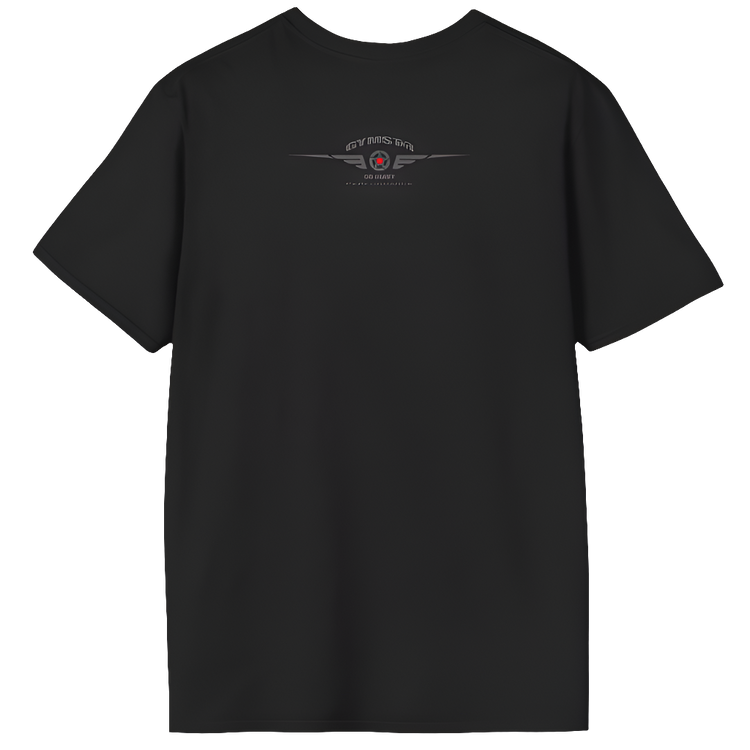 Black men's gym t-shirt from Gymstar with a striking back print. The sport-inspired design includes a grey emblem with "GYMSTAR" and "MILITARY" text, and a vibrant red star with wings as a central accent. This t-shirt is perfect for anyone looking for a combination of style and motivation during their workouts.