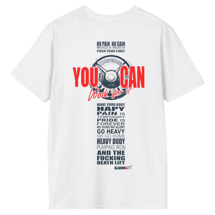 Unisex white-blue t-shirt from the Gymstar collection, specially designed for workouts. The back is adorned with a massive print that includes a barbell plate graphic element and bold red "YOU CAN" and "Work for it" lettering. The overall design is reinforced with a series of motivational phrases aimed at fitness enthusiasts.