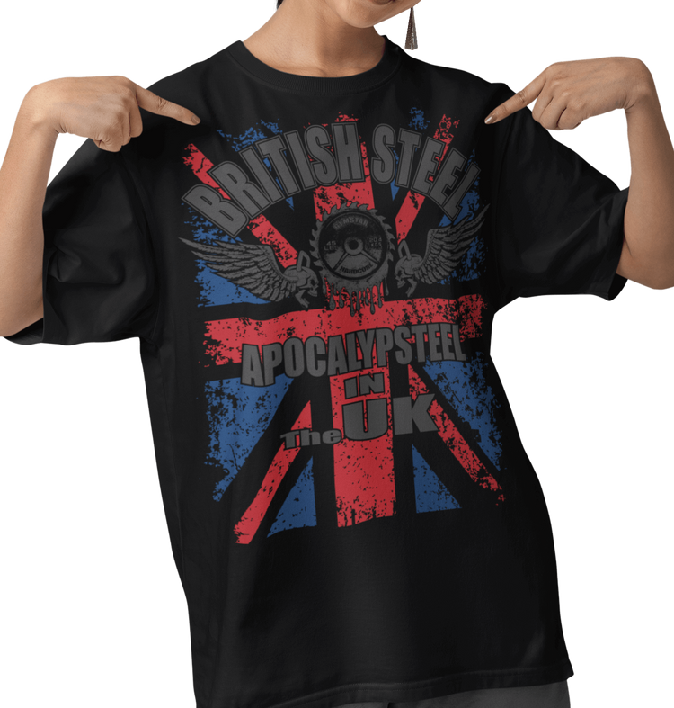 A person wearing a black Gymstar t-shirt with a graphic design including the British flag and text "British Steel Apocalipsteel in The UK", indicating a fitness or bodybuilding theme.