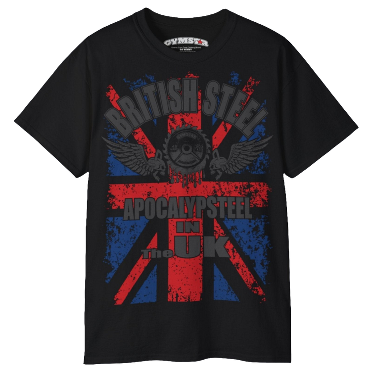 A men's black Gymstar t-shirt featuring a distressed Union Jack flag design. The text "BRITISH STEEL" is arched across the top in blue, with "APOCALYPSTEEL" below it, and "IN THE UK" at the bottom. A stylized circular saw barbel-blade with the words "HARDCORE" is at the center of the design, flanked by two winged, kettlebell-skulls. The overall design has a gritty, bodybuilding aesthetic.
