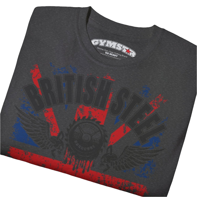 A men's dark grey Gymstar t-shirt featuring a distressed Union Jack flag design. The text "BRITISH STEEL" is arched across the top in blue, with "APOCALYPSTEEL" below it, and "IN THE UK" at the bottom. A stylized circular saw barbel-blade with the words "HARDCORE" is at the center of the design, flanked by two winged, kettlebell-skulls. The overall design has a gritty, bodybuilding aesthetic. Close up view.