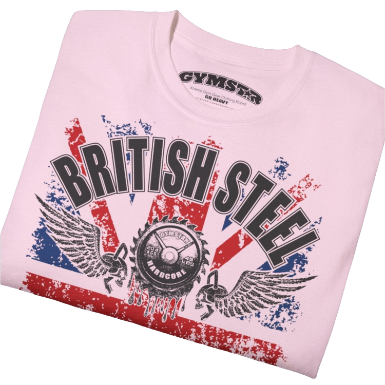 A men's pink Gymstar t-shirt featuring a distressed Union Jack flag design. The text "BRITISH STEEL" is arched across the top in blue, with "APOCALYPSTEEL" below it, and "IN THE UK" at the bottom. A stylized circular saw barbel-blade with the words "HARDCORE" is at the center of the design, flanked by two winged, kettlebell-skulls. The overall design has a gritty, bodybuilding aesthetic. Close up view.