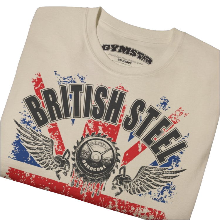 A men's beige Gymstar t-shirt featuring a distressed Union Jack flag design. The text "BRITISH STEEL" is arched across the top in blue, with "APOCALYPSTEEL" below it, and "IN THE UK" at the bottom. A stylized circular saw barbel-blade with the words "HARDCORE" is at the center of the design, flanked by two winged, kettlebell-skulls. The overall design has a gritty, bodybuilding aesthetic. Close up view.