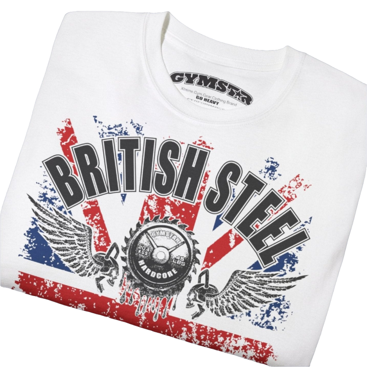 A men's white Gymstar t-shirt featuring a distressed Union Jack flag design. The text "BRITISH STEEL" is arched across the top in blue, with "APOCALYPSTEEL" below it, and "IN THE UK" at the bottom. A stylized circular saw barbel-blade with the words "HARDCORE" is at the center of the design, flanked by two winged, kettlebell-skulls. The overall design has a gritty, bodybuilding aesthetic. Close up view.