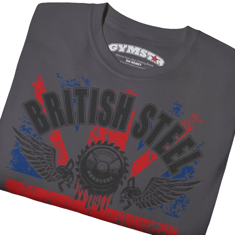 A men's sport grey Gymstar t-shirt featuring a distressed Union Jack flag design. The text "BRITISH STEEL" is arched across the top in blue, with "APOCALYPSTEEL" below it, and "IN THE UK" at the bottom. A stylized circular saw barbel-blade with the words "HARDCORE" is at the center of the design, flanked by two winged, kettlebell-skulls. The overall design has a gritty, bodybuilding aesthetic. Close up view.