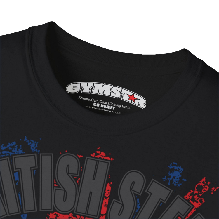 A men's black Gymstar t-shirt featuring a distressed Union Jack flag design. The text "BRITISH STEEL" is arched across the top in blue, with "APOCALYPSTEEL" below it, and "IN THE UK" at the bottom. A stylized circular saw barbel-blade with the words "HARDCORE" is at the center of the design, flanked by two winged, kettlebell-skulls. The overall design has a gritty, bodybuilding aesthetic. Logo Close up view.
