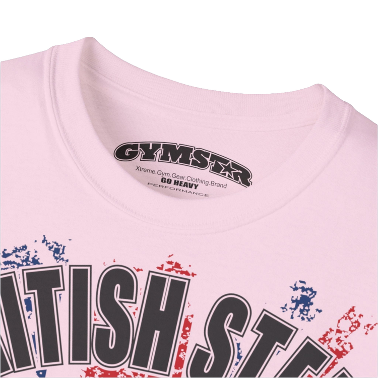 A men's pink Gymstar t-shirt featuring a distressed Union Jack flag design. The text "BRITISH STEEL" is arched across the top in blue, with "APOCALYPSTEEL" below it, and "IN THE UK" at the bottom. A stylized circular saw barbel-blade with the words "HARDCORE" is at the center of the design, flanked by two winged, kettlebell-skulls. The overall design has a gritty, bodybuilding aesthetic. Logo Close up view.