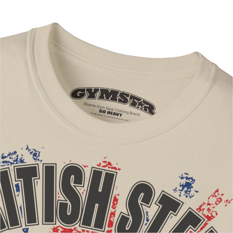 A men's beige Gymstar t-shirt featuring a distressed Union Jack flag design. The text "BRITISH STEEL" is arched across the top in blue, with "APOCALYPSTEEL" below it, and "IN THE UK" at the bottom. A stylized circular saw barbel-blade with the words "HARDCORE" is at the center of the design, flanked by two winged, kettlebell-skulls. The overall design has a gritty, bodybuilding aesthetic. Logo Close up view.