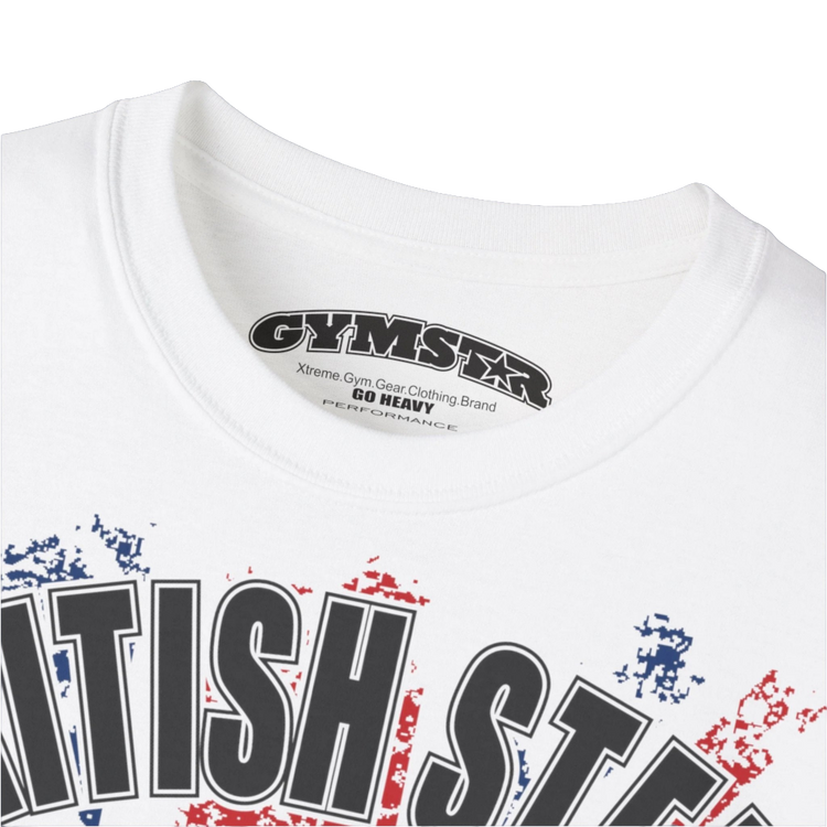 A men's white Gymstar t-shirt featuring a distressed Union Jack flag design. The text "BRITISH STEEL" is arched across the top in blue, with "APOCALYPSTEEL" below it, and "IN THE UK" at the bottom. A stylized circular saw barbel-blade with the words "HARDCORE" is at the center of the design, flanked by two winged, kettlebell-skulls. The overall design has a gritty, bodybuilding aesthetic. Logo Close up view.