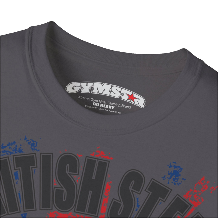 A men's sport grey Gymstar t-shirt featuring a distressed Union Jack flag design. The text "BRITISH STEEL" is arched across the top in blue, with "APOCALYPSTEEL" below it, and "IN THE UK" at the bottom. A stylized circular saw barbel-blade with the words "HARDCORE" is at the center of the design, flanked by two winged, kettlebell-skulls. The overall design has a gritty, bodybuilding aesthetic. Logo Close up view.