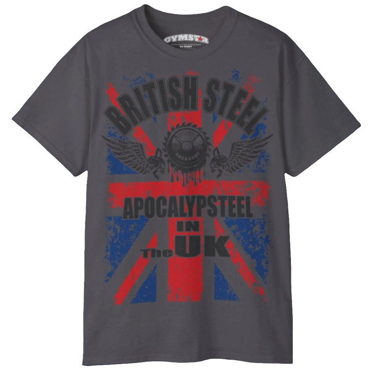 A men's sport grey Gymstar t-shirt featuring a distressed Union Jack flag design. The text "BRITISH STEEL" is arched across the top in blue, with "APOCALYPSTEEL" below it, and "IN THE UK" at the bottom. A stylized circular saw barbel-blade with the words "HARDCORE" is at the center of the design, flanked by two winged, kettlebell-skulls. The overall design has a gritty, bodybuilding aesthetic.