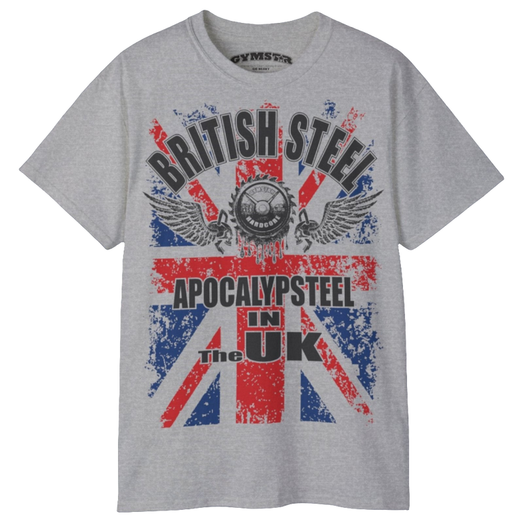 A men's silver grey Gymstar t-shirt featuring a distressed Union Jack flag design. The text "BRITISH STEEL" is arched across the top in blue, with "APOCALYPSTEEL" below it, and "IN THE UK" at the bottom. A stylized circular saw barbel-blade with the words "HARDCORE" is at the center of the design, flanked by two winged, kettlebell-skulls. The overall design has a gritty, bodybuilding aesthetic.