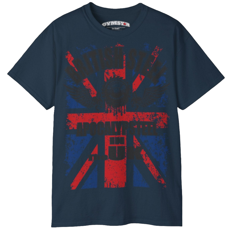 A men's deep navy blue Gymstar t-shirt featuring a distressed Union Jack flag design. The text "BRITISH STEEL" is arched across the top in blue, with "APOCALYPSTEEL" below it, and "IN THE UK" at the bottom. A stylized circular saw barbel-blade with the words "HARDCORE" is at the center of the design, flanked by two winged, kettlebell-skulls. The overall design has a gritty, bodybuilding aesthetic.