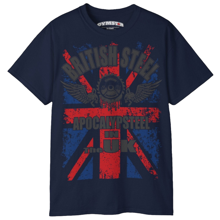 A men's navy blue Gymstar t-shirt featuring a distressed Union Jack flag design. The text "BRITISH STEEL" is arched across the top in blue, with "APOCALYPSTEEL" below it, and "IN THE UK" at the bottom. A stylized circular saw barbel-blade with the words "HARDCORE" is at the center of the design, flanked by two winged, kettlebell-skulls. The overall design has a gritty, bodybuilding aesthetic.