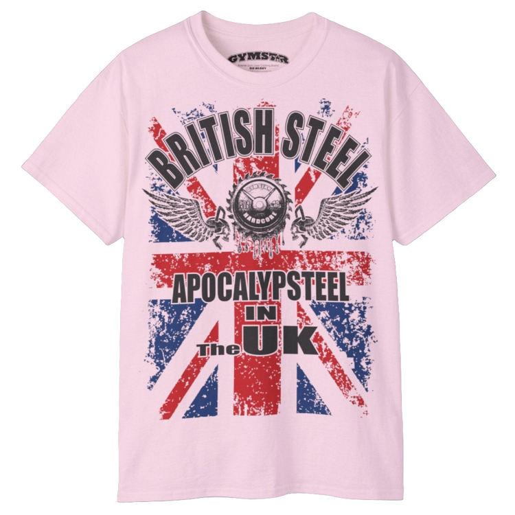 A men's pink Gymstar t-shirt featuring a distressed Union Jack flag design. The text "BRITISH STEEL" is arched across the top in blue, with "APOCALYPSTEEL" below it, and "IN THE UK" at the bottom. A stylized circular saw barbel-blade with the words "HARDCORE" is at the center of the design, flanked by two winged, kettlebell-skulls. The overall design has a gritty, bodybuilding aesthetic.