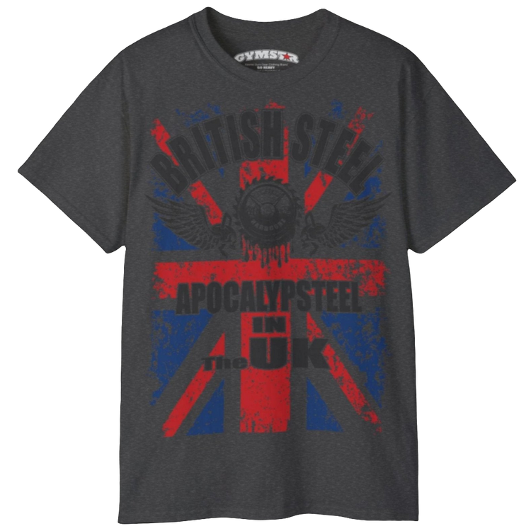 A men's dark grey Gymstar t-shirt featuring a distressed Union Jack flag design. The text "BRITISH STEEL" is arched across the top in blue, with "APOCALYPSTEEL" below it, and "IN THE UK" at the bottom. A stylized circular saw barbel-blade with the words "HARDCORE" is at the center of the design, flanked by two winged, kettlebell-skulls. The overall design has a gritty, bodybuilding aesthetic.