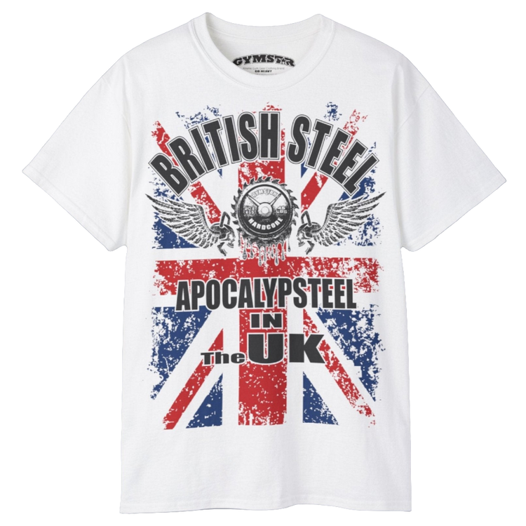 A men's white Gymstar t-shirt featuring a distressed Union Jack flag design. The text "BRITISH STEEL" is arched across the top in blue, with "APOCALYPSTEEL" below it, and "IN THE UK" at the bottom. A stylized circular saw barbel-blade with the words "HARDCORE" is at the center of the design, flanked by two winged, kettlebell-skulls. The overall design has a gritty, bodybuilding aesthetic.