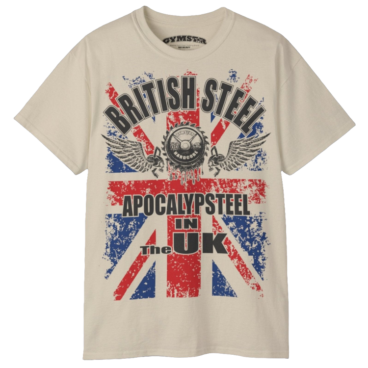 A men's beige Gymstar t-shirt featuring a distressed Union Jack flag design. The text "BRITISH STEEL" is arched across the top in blue, with "APOCALYPSTEEL" below it, and "IN THE UK" at the bottom. A stylized circular saw barbel-blade with the words "HARDCORE" is at the center of the design, flanked by two winged, kettlebell-skulls. The overall design has a gritty, bodybuilding aesthetic.