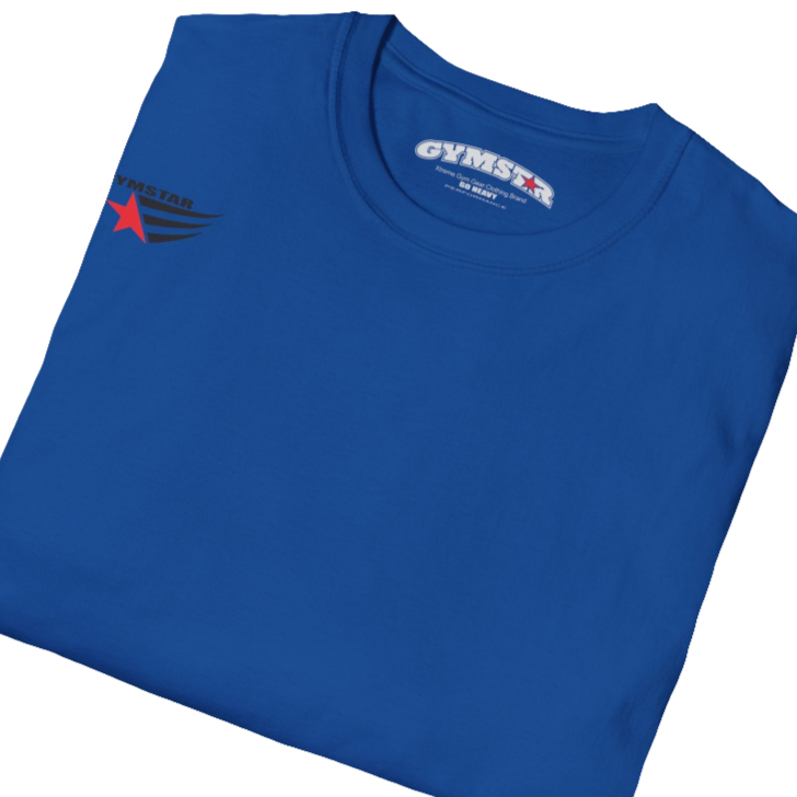 A blue short-sleeved motivation t-shirt Gymstar designed for fitness. It features a small logo on the left chest, which consists of a red star and three black stripes. Close up view.