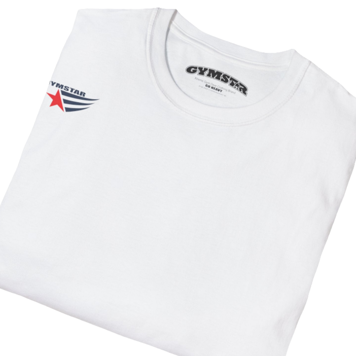 A white short-sleeved motivation t-shirt Gymstar designed for fitness. It features a small logo on the left chest, which consists of a red star and three black stripes. Close up view.