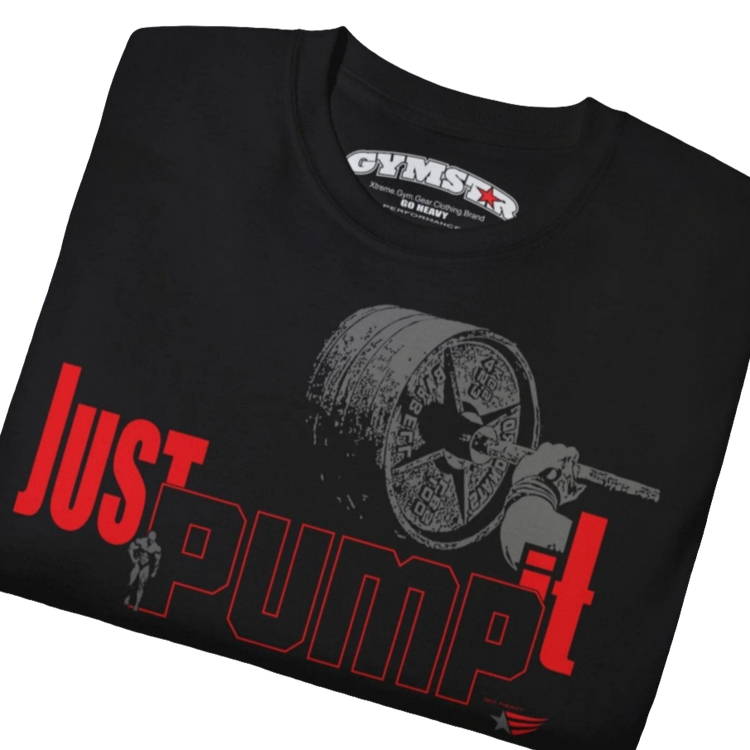 A men's black short-sleeved t-shirt Gymstar designed for fitness. The front features a large graphic with a barbell and the text "Just PUMP it" in a mix of red and gray fonts. Below the main graphic, there is a smaller logo with a star and wings, and the "GYMSTAR" brand name. The brand tag is also visible on the inner neck. Close up view.