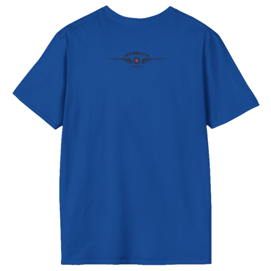A men's solid blue short-sleeved t-shirt Gymstar designed for fitness. The back of the shirt features a logo on the upper back, which includes a red star, two sets of wings, the text "GYMSTAR," and the tagline "GO HEAVY PERFORMANCE."