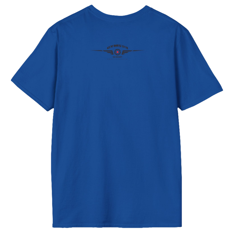 A men's solid blue short-sleeved t-shirt Gymstar designed for fitness. The back of the shirt features a logo on the upper back, which includes a red star, two sets of wings, the text "GYMSTAR," and the tagline "GO HEAVY PERFORMANCE."