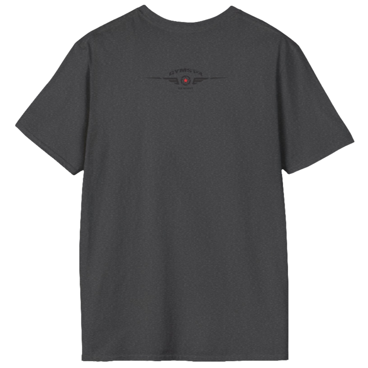 A men's solid dark grey short-sleeved t-shirt Gymstar designed for fitness. The back of the shirt features a logo on the upper back, which includes a red star, two sets of wings, the text "GYMSTAR," and the tagline "GO HEAVY PERFORMANCE."