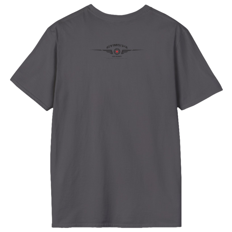 A men's solid grey short-sleeved t-shirt Gymstar designed for fitness. The back of the shirt features a logo on the upper back, which includes a red star, two sets of wings, the text "GYMSTAR," and the tagline "GO HEAVY PERFORMANCE."