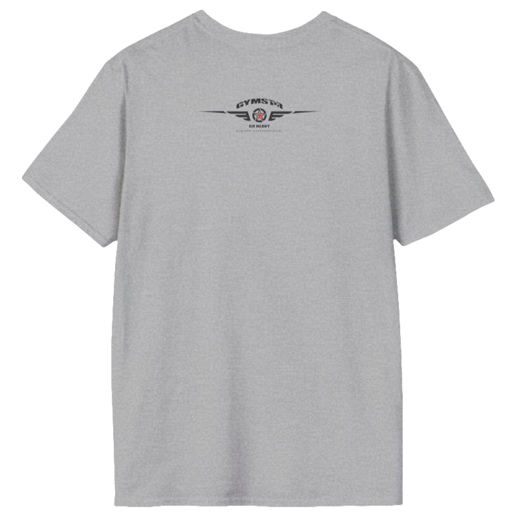 A men's solid silver grey short-sleeved t-shirt Gymstar designed for fitness. The back of the shirt features a logo on the upper back, which includes a red star, two sets of wings, the text "GYMSTAR," and the tagline "GO HEAVY PERFORMANCE."