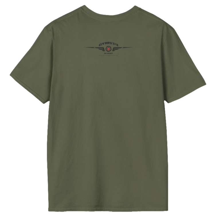 A men's solid military green short-sleeved t-shirt Gymstar designed for fitness. The back of the shirt features a logo on the upper back, which includes a red star, two sets of wings, the text "GYMSTAR," and the tagline "GO HEAVY PERFORMANCE."