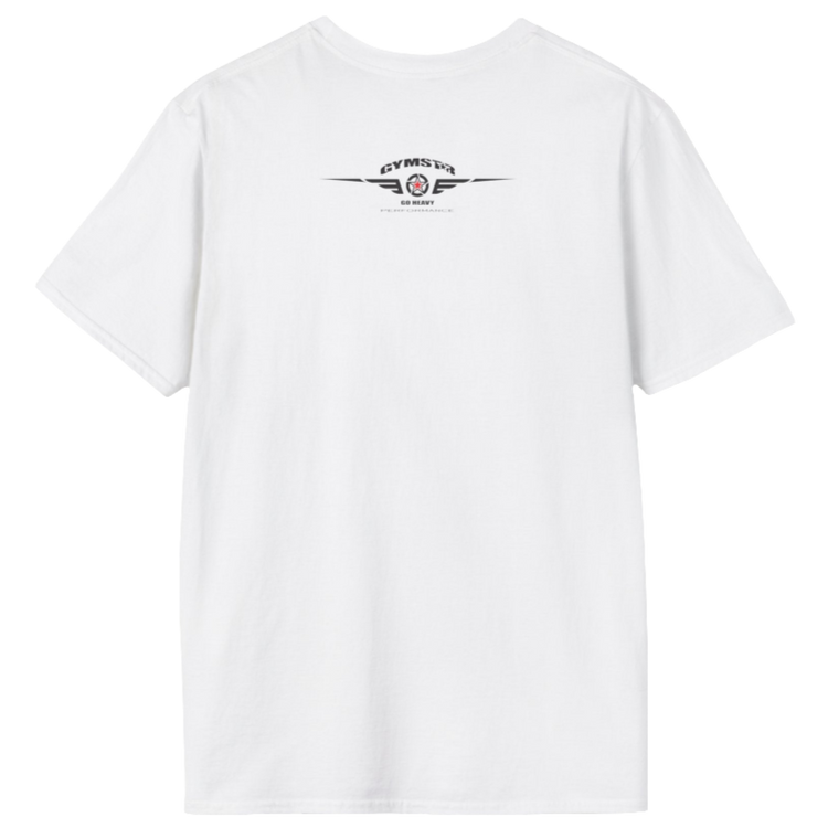 A men's solid white short-sleeved t-shirt Gymstar designed for fitness. The back of the shirt features a logo on the upper back, which includes a red star, two sets of wings, the text "GYMSTAR," and the tagline "GO HEAVY PERFORMANCE."