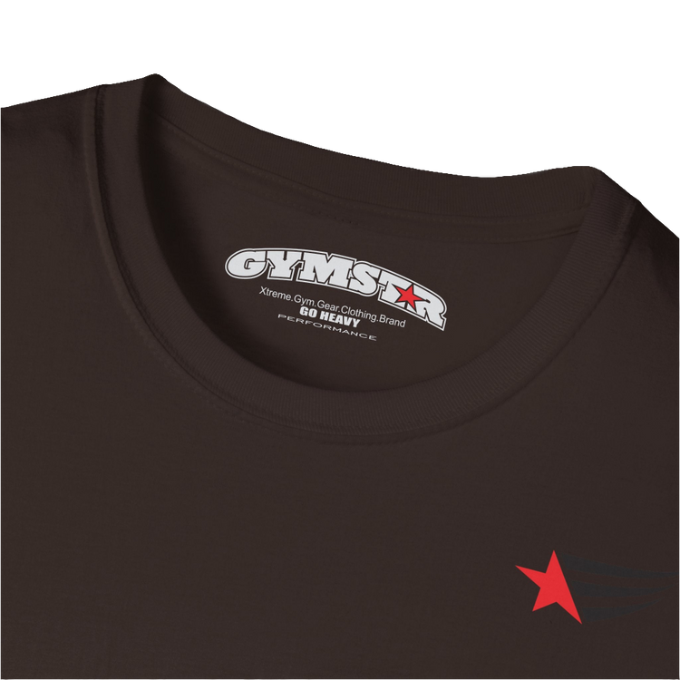 A men's brown short-sleeved t-shirt Gymstar designed for fitness. It features a small logo on the left chest, which consists of a red star and three black stripes. Close up view.