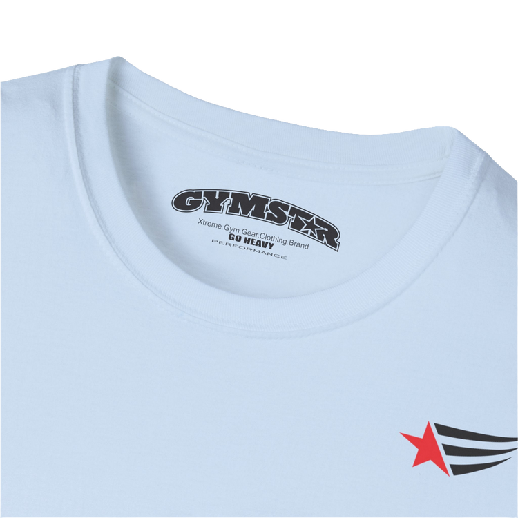 A men's light blue short-sleeved t-shirt Gymstar designed for fitness. It features a small logo on the left chest, which consists of a red star and three black stripes. Close up view.