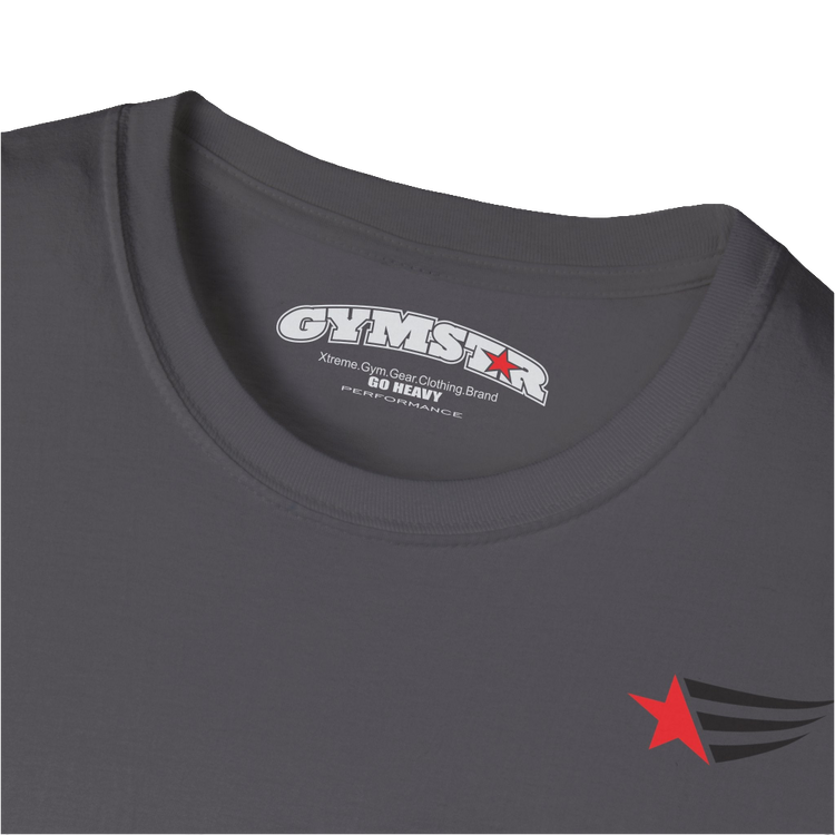 A men's sport grey short-sleeved t-shirt Gymstar designed for fitness. It features a small logo on the left chest, which consists of a red star and three black stripes. Close up view.