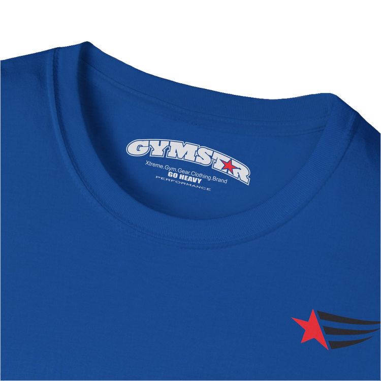 A men's blue short-sleeved t-shirt Gymstar designed for fitness. It features a small logo on the left chest, which consists of a red star and three black stripes. Close up view.