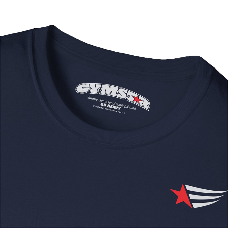 A men's navy blue short-sleeved t-shirt Gymstar designed for fitness. It features a small logo on the left chest, which consists of a red star and three black stripes. Close up view.