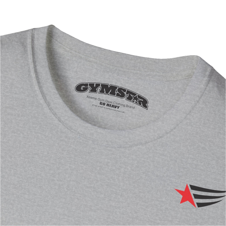 A men's silver grey short-sleeved t-shirt Gymstar designed for fitness. It features a small logo on the left chest, which consists of a red star and three black stripes. Close up view.