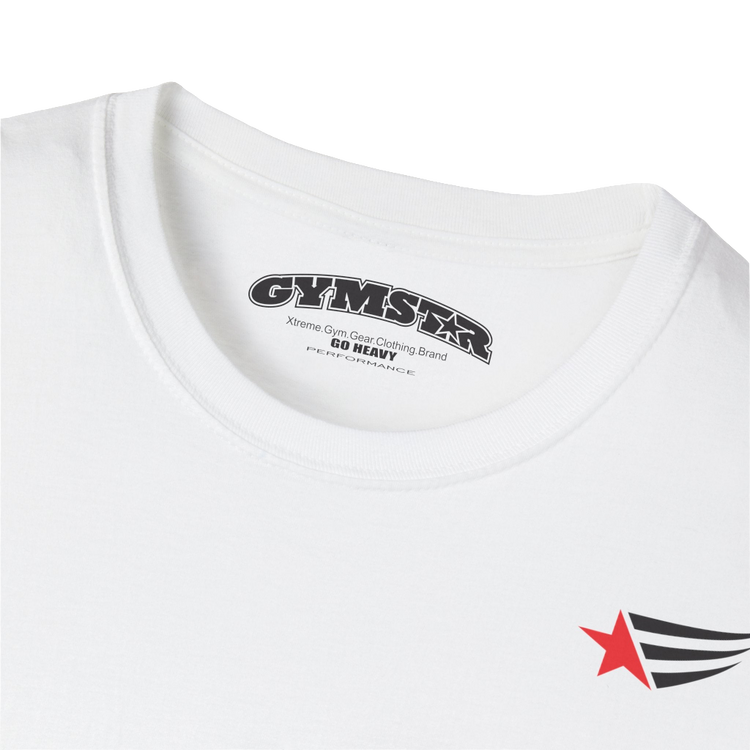 A men's white short-sleeved t-shirt Gymstar designed for fitness. It features a small logo on the left chest, which consists of a red star and three black stripes. Close up view.