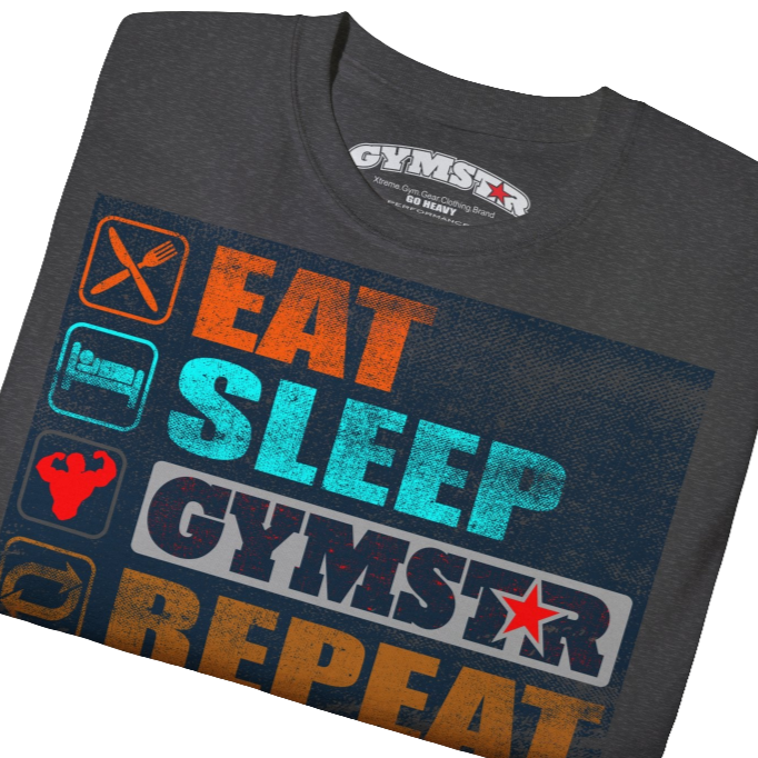 A grey sports t-shirt from Gymstar with a modern and motivational design. The chest features a large, colorful print with "EAT," "SLEEP," "GYMSTAR," and "REPEAT" text, each with an icon. This t-shirt is perfect for anyone living a fitness lifestyle and looking for comfortable and stylish apparel for workouts or daily wear. Close up view.