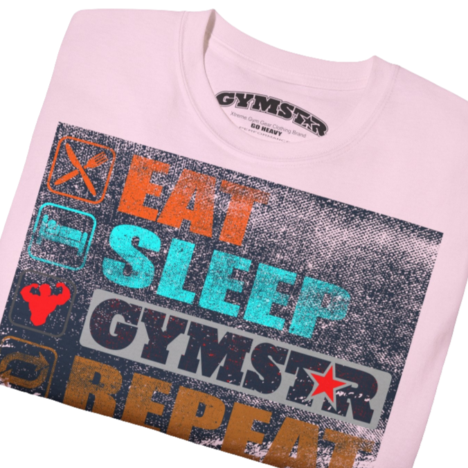 A pink sports t-shirt from Gymstar with a modern and motivational design. The chest features a large, colorful print with "EAT," "SLEEP," "GYMSTAR," and "REPEAT" text, each with an icon. This t-shirt is perfect for anyone living a fitness lifestyle and looking for comfortable and stylish apparel for workouts or daily wear. Close up view.