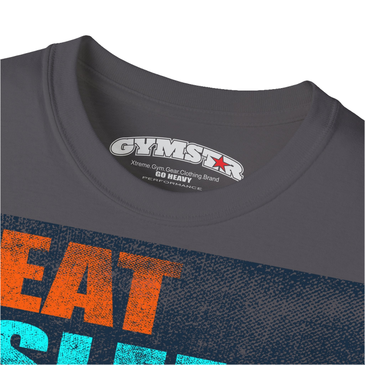 A sports grey sports t-shirt from Gymstar with a modern and motivational design. The chest features a large, colorful print with "EAT," "SLEEP," "GYMSTAR," and "REPEAT" text, each with an icon. This t-shirt is perfect for anyone living a fitness lifestyle and looking for comfortable and stylish apparel for workouts or daily wear. Logo Close up view.